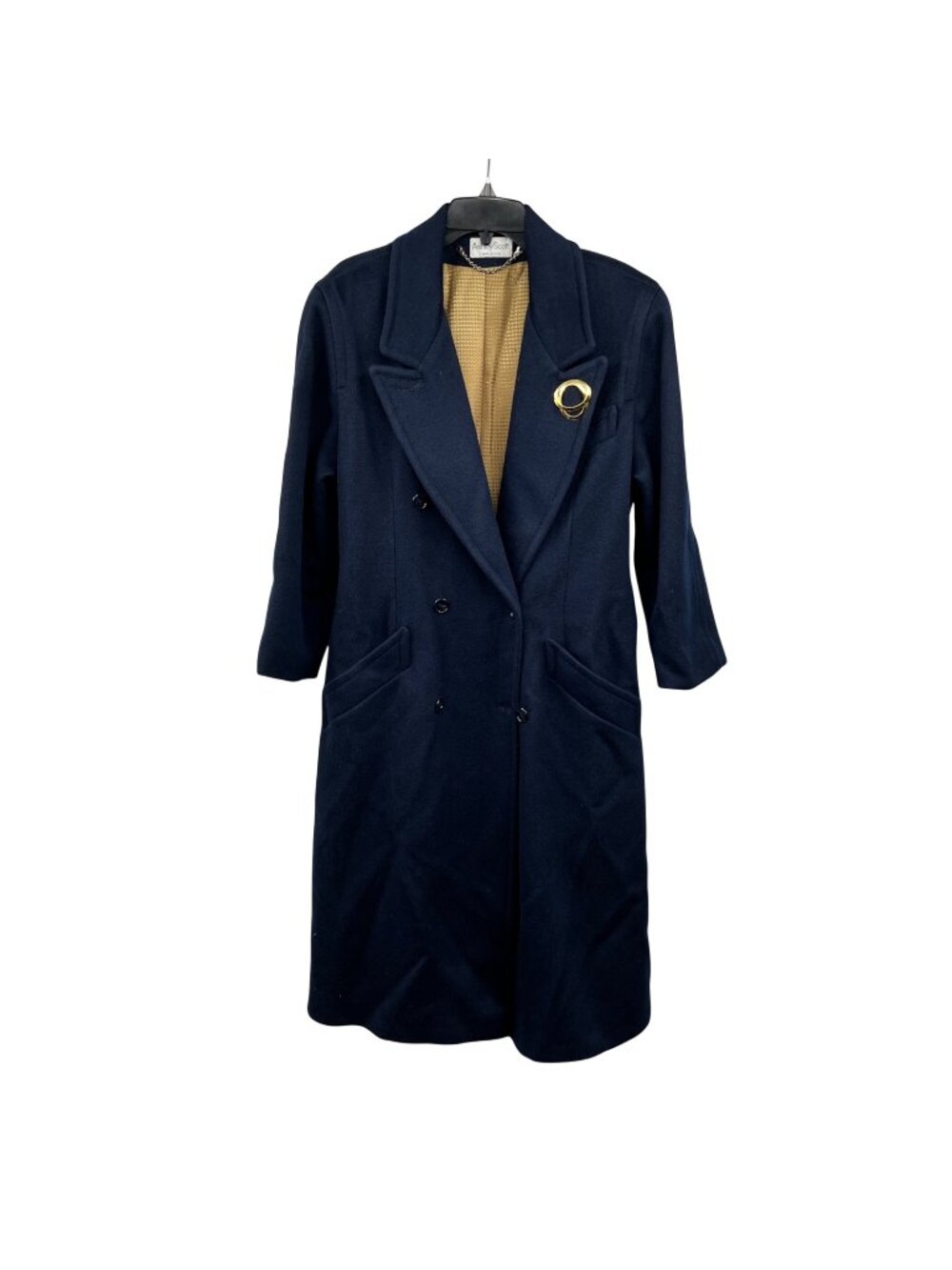 Ashley Scott 100% Wool Long Pea Coat Navy Pockets Size Medium Gold Pin